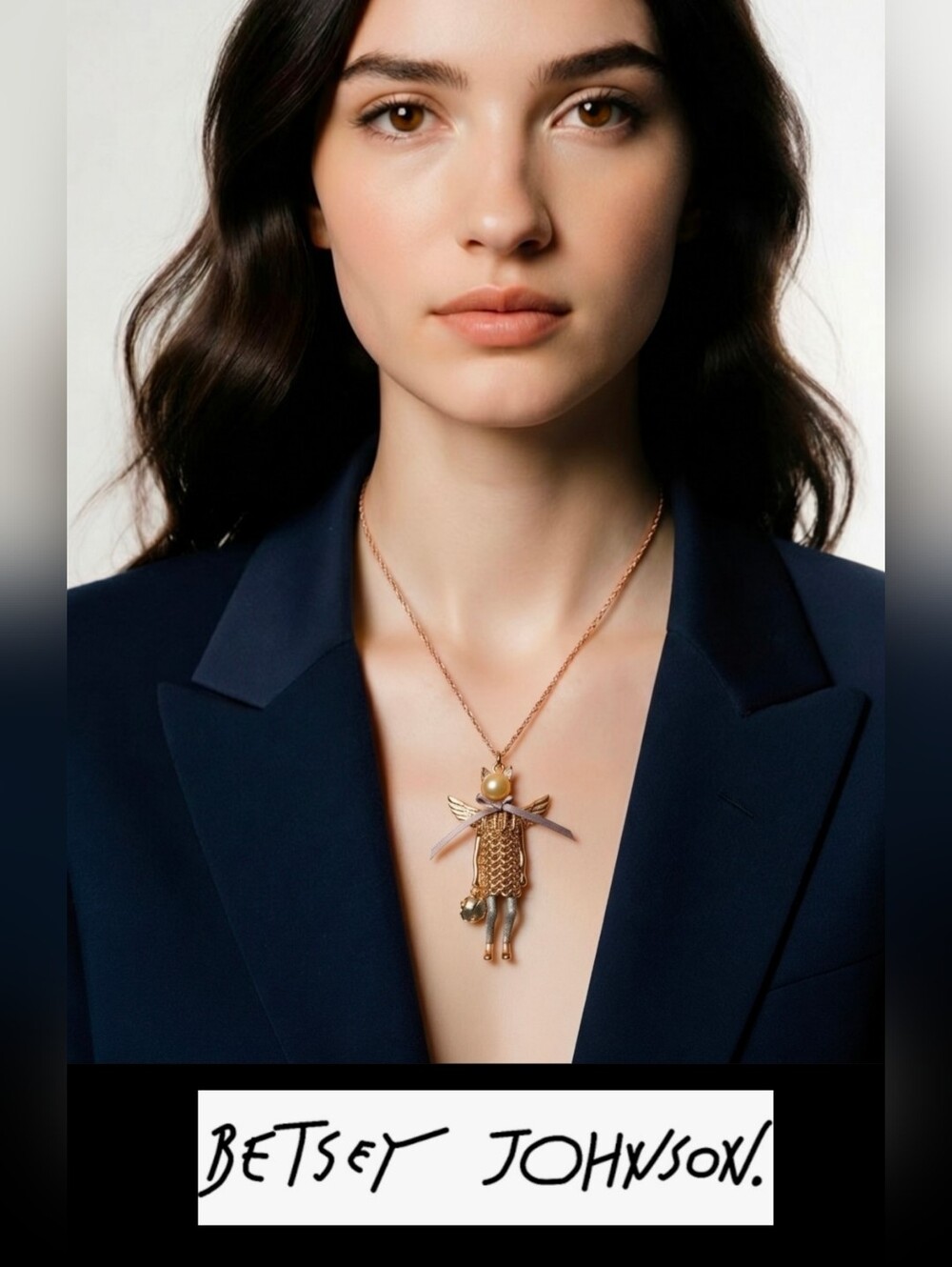 Betsey Johnson Gold and Rose Gold Fashion Angel In Dress Pendant Necklace Signed